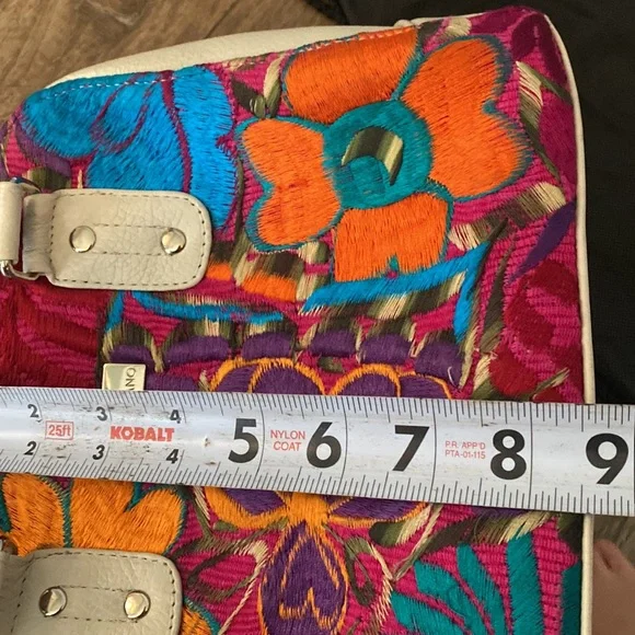 AngeLozano cream pebble leather colorful floral embroidered satchel bag. Boho - Picture 12 of 13